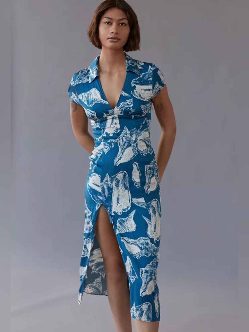 Urban Outfitters Blue Shell-Print Midi Dress with Front Slit